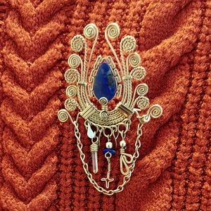 Vintage Lapis Lazuli Handmade Tribal Filigree Brooch with Crystal and Dangles